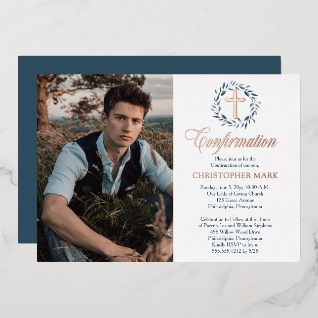 Blue Watercolor Wreath Boy Photo Confirmation Foil Invitation (Front/Back)