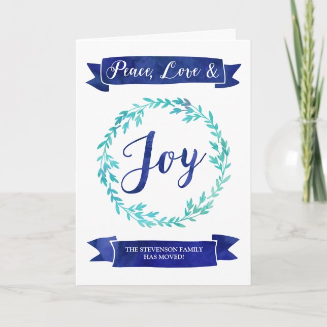 Blue Watercolor Wreath Christmas New Address Holiday Card (Front)