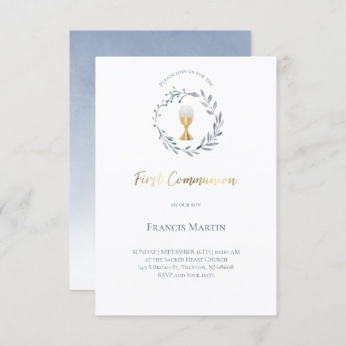 blue watercolor wreath  first communion invitation