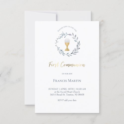 blue watercolor wreath  first communion invitation