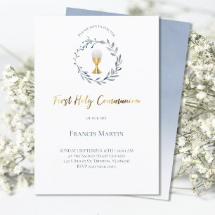 blue watercolor wreath  first holy communion invitation