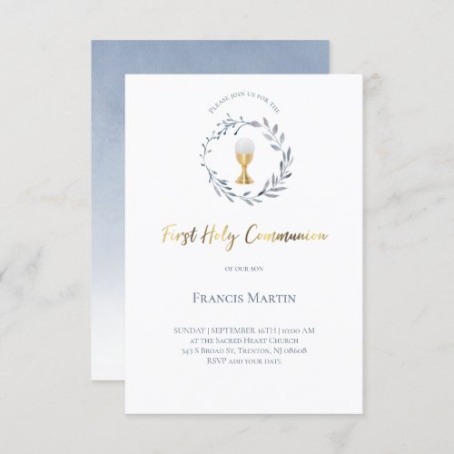 blue watercolor wreath  first holy communion invitation
