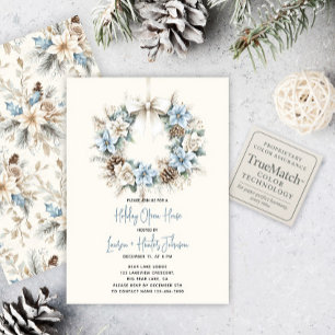 Blue Watercolor Wreath Holiday Open House Party Invitation