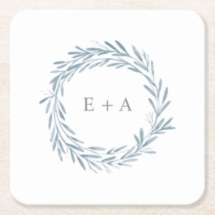 Blue Watercolor Wreath Monogram Wedding Favor Square Paper Coaster