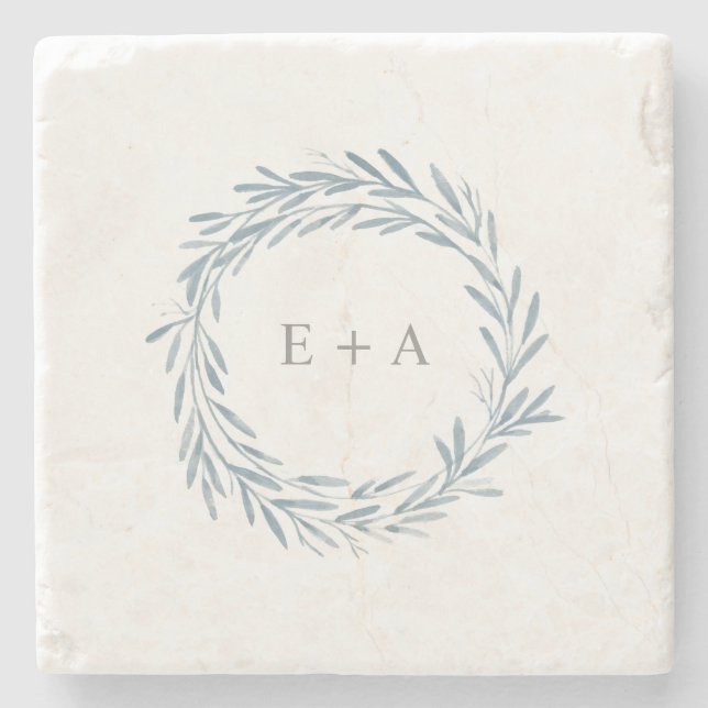Blue Watercolor Wreath Monogram Wedding Favor Stone Coaster (Front)