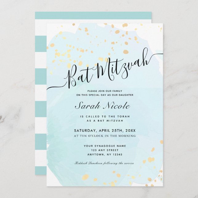 Blue Watercolor x Gold Splatters Bat Mitzvah Invitation (Front/Back)