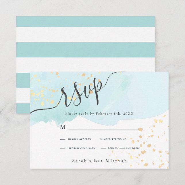 Blue Watercolor x Gold Splatters Bat Mitzvah RSVP  (Front/Back)