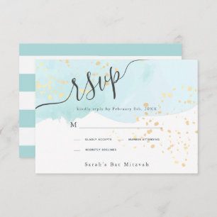 Blue Watercolor x Gold Splatters Bat Mitzvah RSVP Card