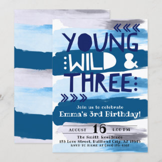 Blue Watercolor Young Wild & Three 3rd Birthday Invitation