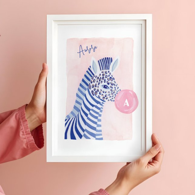Blue Watercolor Zebra Animal Blowing Gum Bubble  Poster (Blue Watercolor Zebra Animal Blowing Gum Bubble Poster)