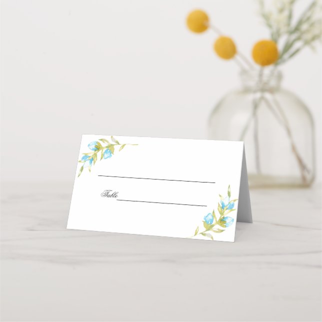 Blue Watercolored Rose Buds Wedding Place Card (Front)