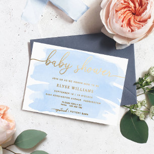 Blue Watercolour Baby Shower Foil Invitation
