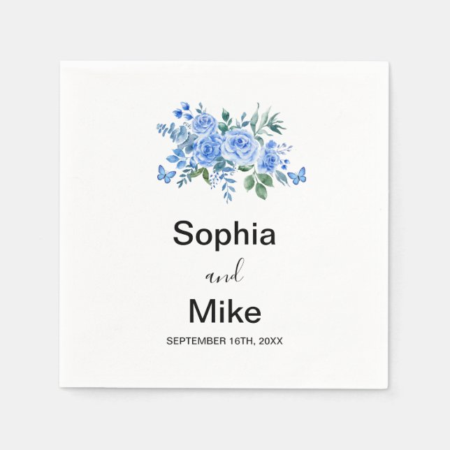 Blue Watercolour Floral and Butterflies Wedding Napkins (Front)