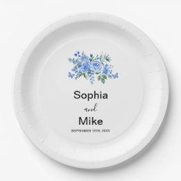 Blue Watercolour Floral and Butterflies Wedding Paper Plates