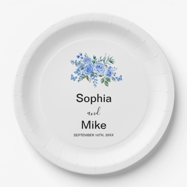 Blue Watercolour Floral and Butterflies Wedding Paper Plates (Front)