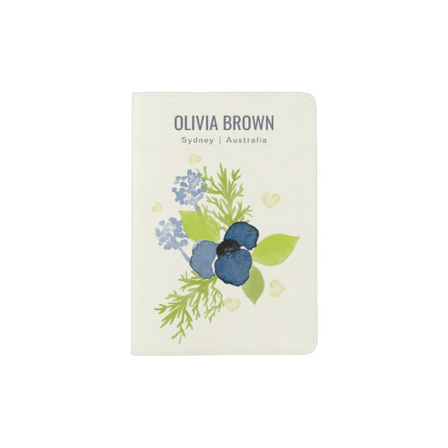 BLUE WATERCOLOUR FLORAL BUNCH LEATHER  MONOGRAM PASSPORT HOLDER (Front)