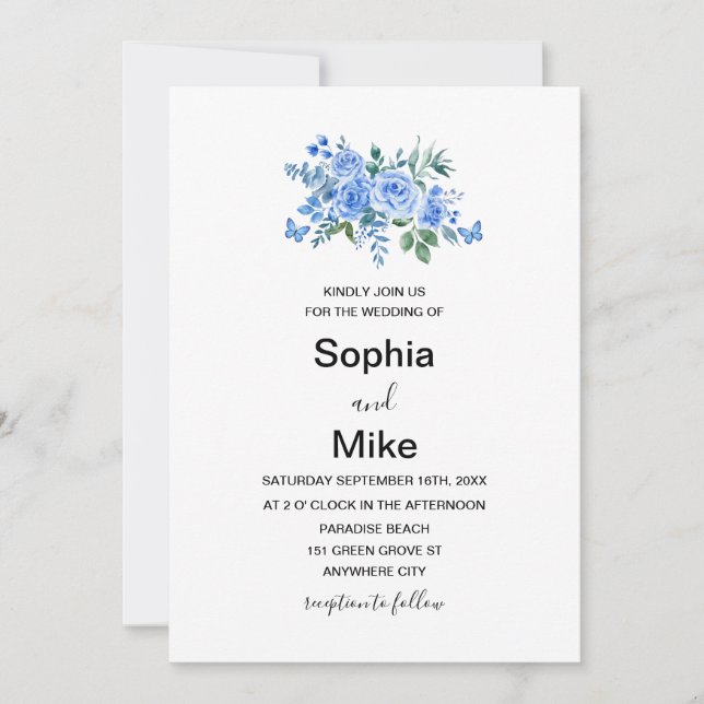 Blue Watercolour Floral Butterflies Wedding Invitation (Front)