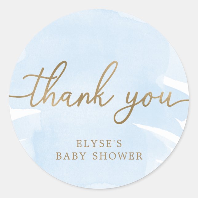 Blue Watercolour Gold Baby Shower Favor Sticker (Front)