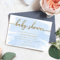 Blue Watercolour Gold Baby Shower Invitation