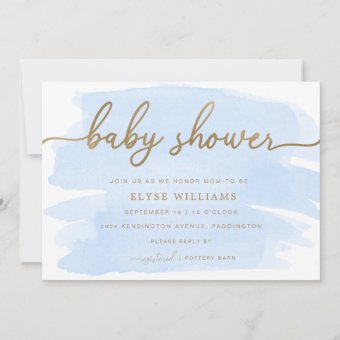Blue Watercolour Gold Baby Shower Invitation | Zazzle