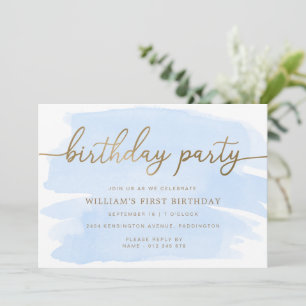 Blue Watercolour Gold Birthday Party Invitation