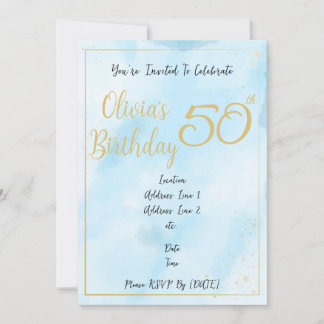 Blue Watercolour & Gold Border Birthday Invitation