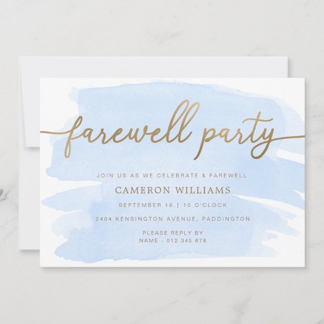 Blue Watercolour Gold Farewell Party Invitation (Front)