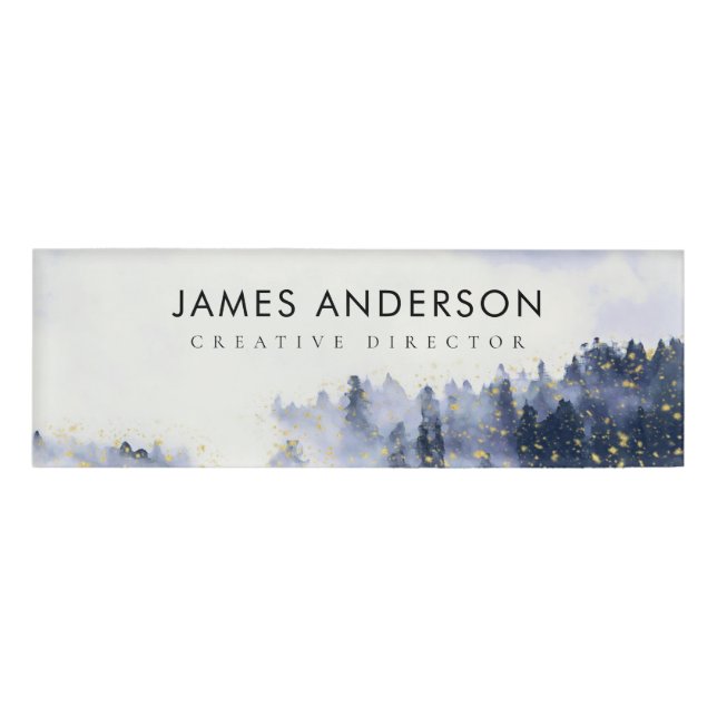 BLUE  WATERCOLOUR LANDSCAPE TREE FOLIAGE MONOGRAM NAME TAG (Front)