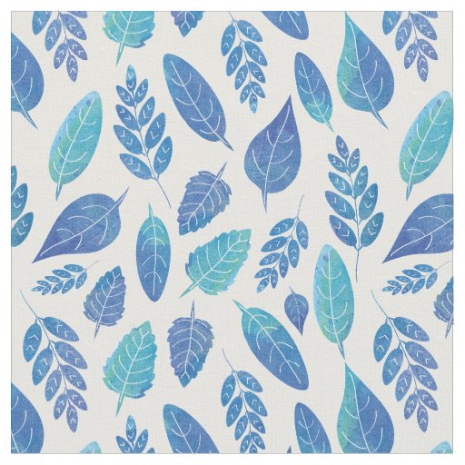 Blue Watercolour Leaves Pattern Fabric