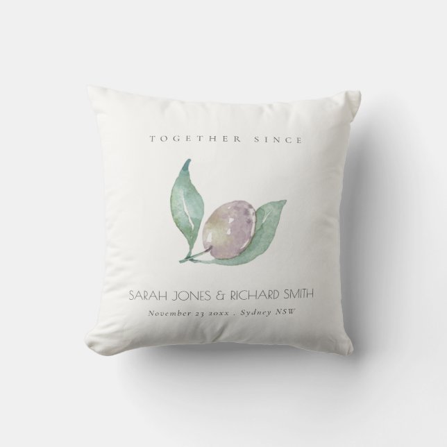BLUE WATERCOLOUR OLIVE SAVE THE DATE WEDDING GIFT THROW PILLOW (Front)