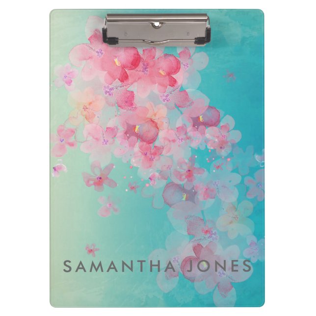 Blue Watercolour Paint Pink Pastel Flowers Clipboard (Front)