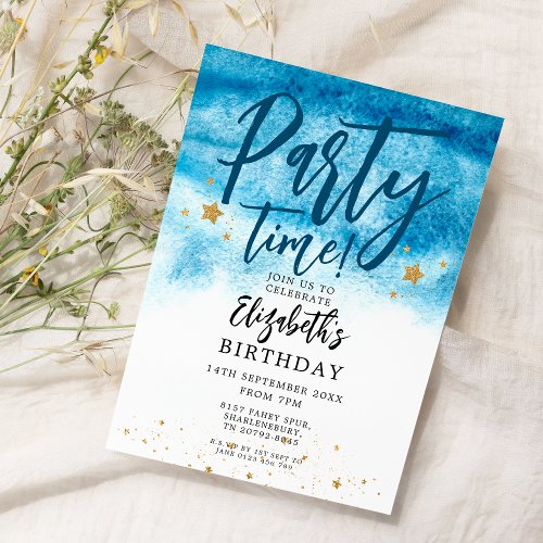 Blue Watercolour Party Time Birthday  Invitation