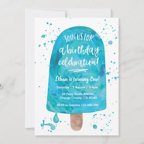 Blue Watercolour Popsicle Birthday Invitation