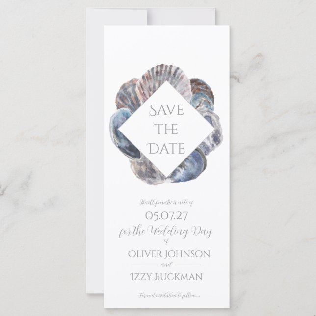Blue Watercolour Sea Shell Save the Date Flat Card (Front)