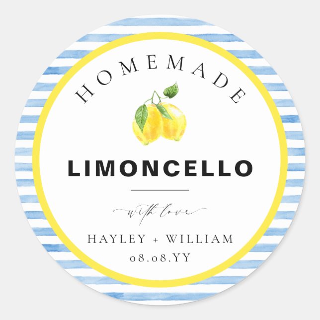 Blue Watercolour Stripe Limoncello Favor Classic Round Sticker (Front)