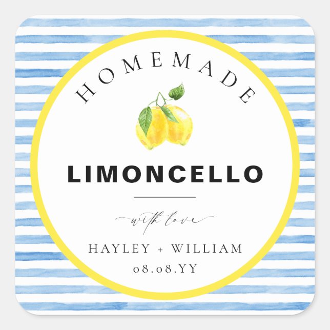 Blue Watercolour Stripe Limoncello Favor Square Sticker (Front)