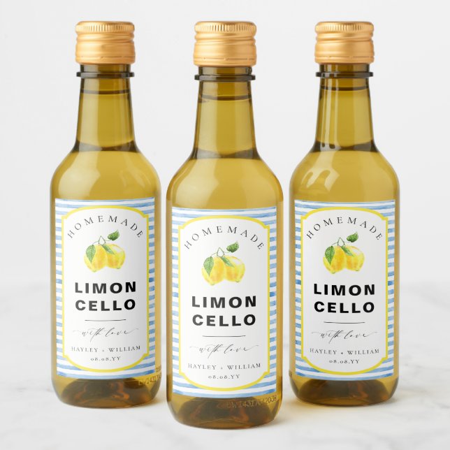 Blue Watercolour Stripe Limoncello Favor Wine Label (Bottles)
