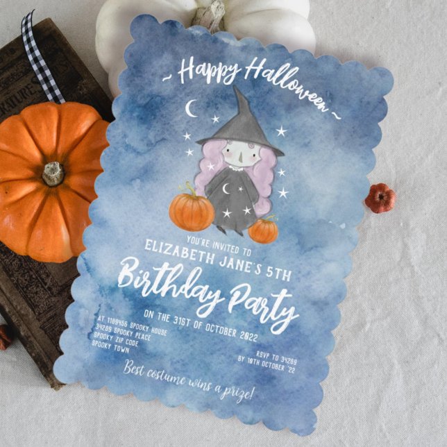 Blue Watercolour Witch Halloween Birthday Party Invitation (Creator Uploaded)