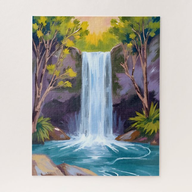 Blue Waterfall | Forest Landscape Nature Painting Jigsaw Puzzle (Vertical)