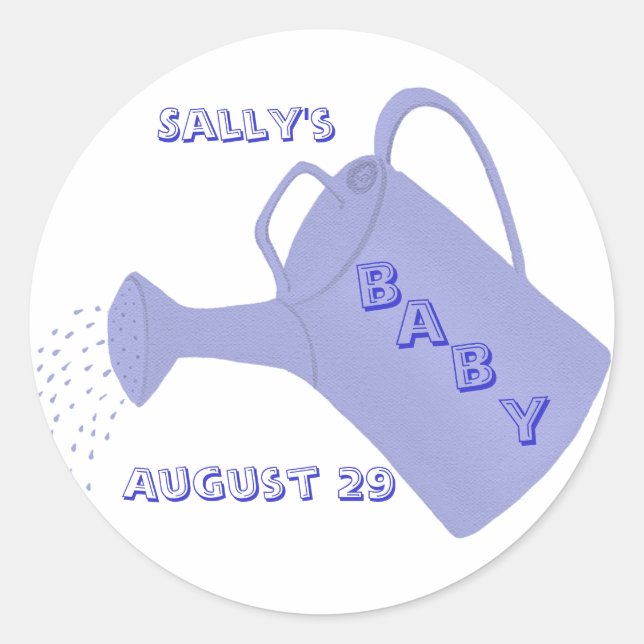 Blue watering can, Custom baby shower stickers (Front)
