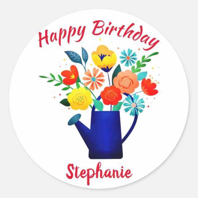 Blue Watering Pot Yellow Red Flower Happy Birthday Classic Round Sticker (Front)