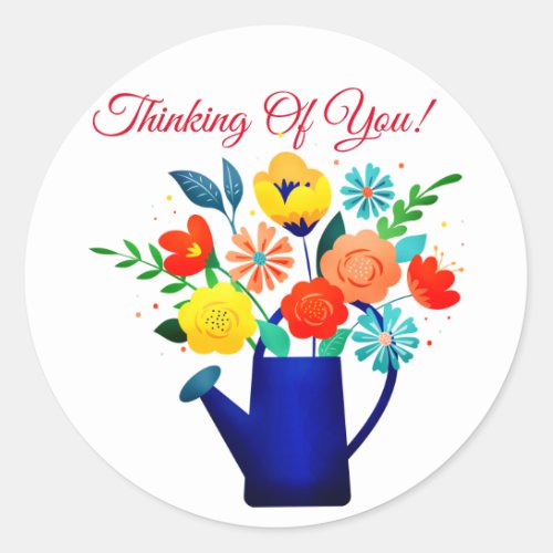 Blue Watering Pot  Yellow Red Flowers Classic Round Sticker