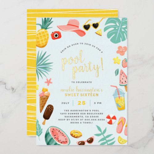 Blue  Watermelon Pineapple Tropical Pool Party Foil Invitation