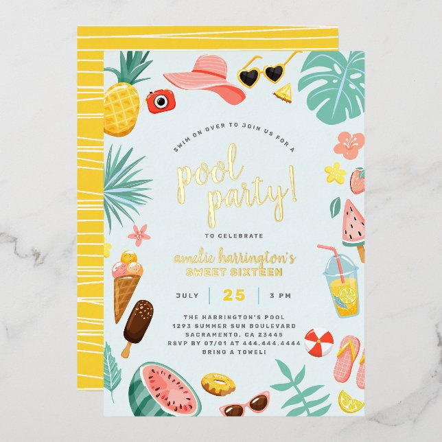 Blue | Watermelon Pineapple Tropical Pool Party Foil Invitation (Front/Back)