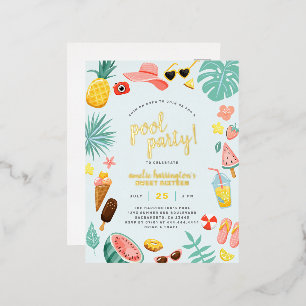 Blue   Watermelon Pineapple Tropical Pool Party Foil Invitation Postcard
