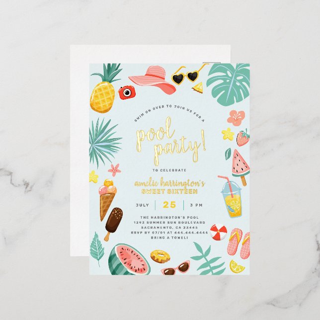 Blue | Watermelon Pineapple Tropical Pool Party Foil Invitation Postcard (Front/Back)