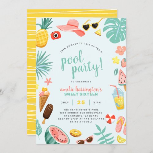 Blue  Watermelon Pineapple Tropical Pool Party Invitation