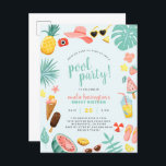 Blue | Watermelon Pineapple Tropical Pool Party Invitation Postcard<br><div class="desc">Blue | Watermelon Pineapple Tropical Pool Party Postcard Invitation. Celebrate in style with these fun invites. This design features a border of summer elements, "pool party" in modern script lettering, and your party information in trendy typography. The border consists of a pineapple, camera, sun hat, shades, tropical leaves, flowers, ice...</div>
