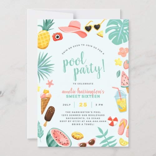 Blue  Watermelon Pineapple Tropical Pool Party Magnetic Invitation
