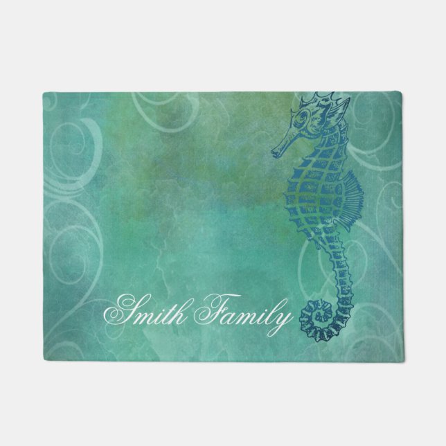Blue Waters, Seahorse and Flourish Doormat (Front)